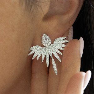 Diamond Ear Jacket Earrings Feather Front & Back Jacket Earrings Cubic Zirconia